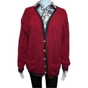 Vintage Lands’ End 100% Cotton Cable Knit Cardigan Burgundy Green Trim M